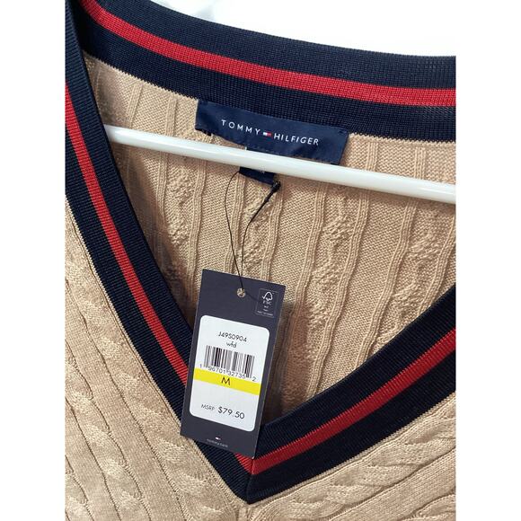 nwt Tommy Hilfiger Women's V Neck Cable Knit Pullover Sweater Tan Size Medium - Picture 5 of 9